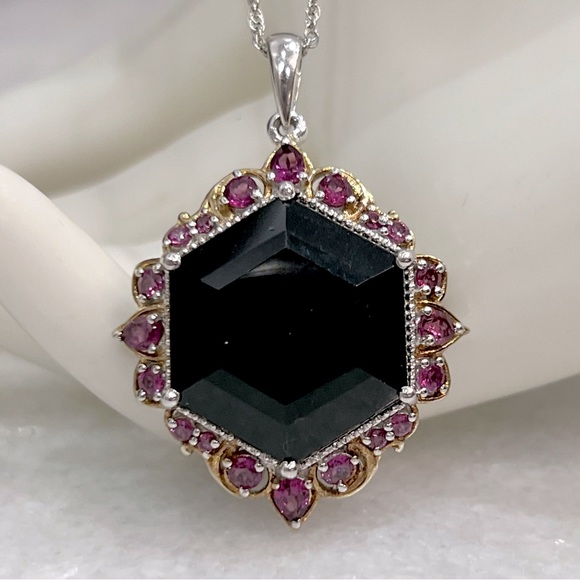 Black Tourmaline Rhodolite Garnet 14K YG Sterling Silver Pendant Necklace - Picture 1 of 13